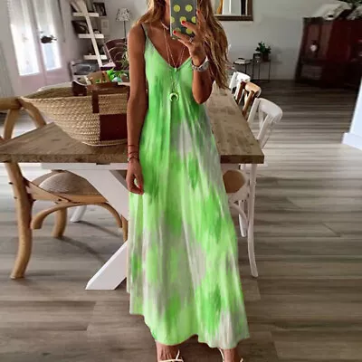 Womens Boho Floral Strappy Maxi Dress Summer V Neck Holiday Beach Long Sundress • £10.29