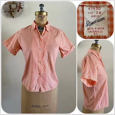 1950s Stoneswear Peach Gingham Cotton Blouse Top Shirt Western Workwear Farm VTG • $55