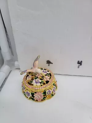 Humming Bird Round Trinket Box Enameled Bejeweled Hinged  7 Eggs Inside • $21