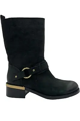 Vince Camuto Leather Buckle Mid Calf Boots Wellery Black • $45.04