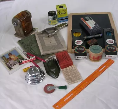 #M TEACHER OLD SCHOOL DESK  ITEMS 21 Pc Vintage 1940-50's School Supply Lot • $49.99