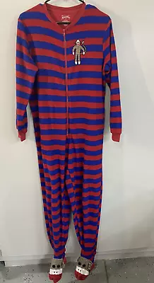 NICK & NOR  Sz Small Adult Red Blue Stripe Sock Monkey One Piece  Footed Pajama • $13.99