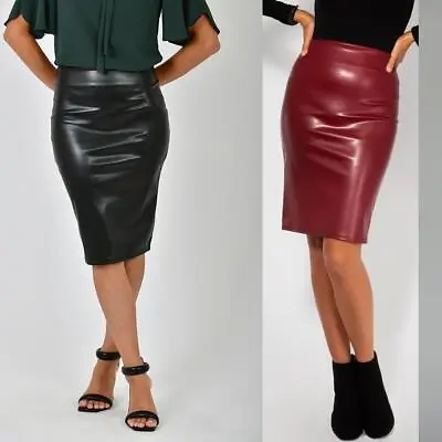 Womens Ladies Leather Pencil Skirt Sexy Wet Look Stretch PU Mini Midi Bodycon • £19.99