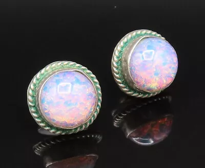 MEXICO 925 Silver - Vintage Rope Twist Purple Fire Opal Earrings - EG11761 • $45.50