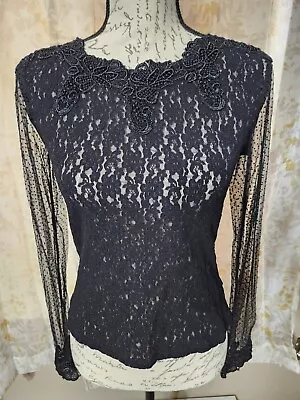 Moda International Women's Small Black Sheer Lace Embroidered L/S Fitted Blouse • $24.99