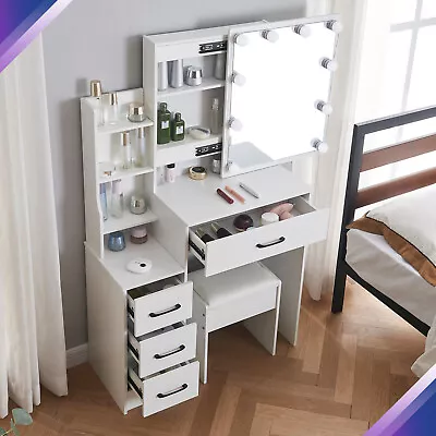 10 LED Sliding Mirror Makeup Vanity Table With 4 Drawer Dressing Storage Cabinet • $168.79