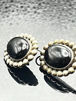 Vintage Sterling Silver Mexico Carved Black Onyx Gems Statement Earrings 13G • $2.25