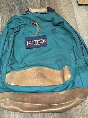 Vintage 90’s JanSport Backpack Teal Leather Bottom School Bag Large Nice Hiking • $95