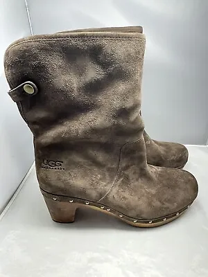 UGG Women’s Chocolate Lynnea 1955 Brown Suede Leather Studded Clog Booties Sz 9 • $45