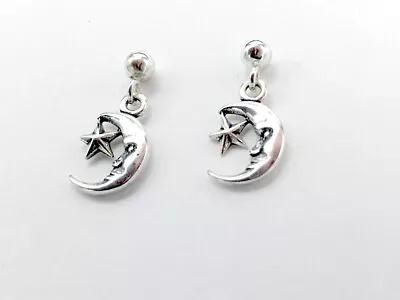 Sterling Silver 3mm Ball Stud With Crescent Man In The Moon Dangle Earrings-star • $17