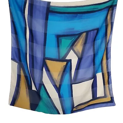 Womens Scarf Shawl Blue Tan Abstract Geometric Art To Wear 34  Square • $5.99