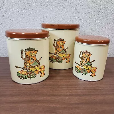 Set Of 3 Vtg 1960s Metal Nesting Decoware Canisters Floral Coffee Pot Farmhouse  • $35.99