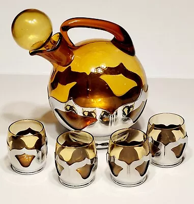 Cambridge Glass Farberware Amber Ball Decanter Stopper Pitcher 4 Juice Tumblers • $99