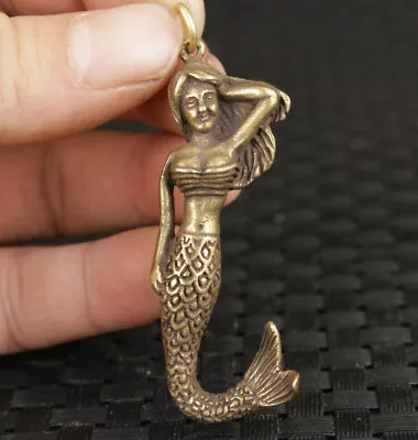 £9.59 • Buy Chinese Old Brass Hand Carved Mermaid Statue Pendant Necklace Decoration