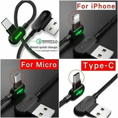 MCDODO LED Fast Charging Cable For IPhone Samsung 90° L Shape USB Charger QC 3.0 • £5.27
