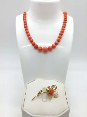 Vintage 12K+14K Gold Filled Coral Bead Necklace Flower Brooch • $44