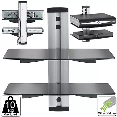 2 Tier Silver Wall Shelf Mount Glass Floating DVD Player Sky Box PS Xbox Console • £17.49