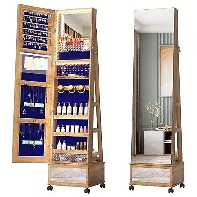 360Â° Swivel Jewelry Mirror Cabinet With Lights Standing Jewelry Armoire Blue • $210.94