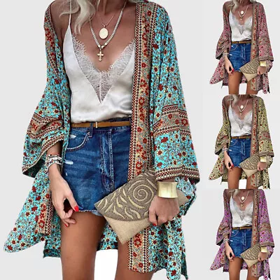 Women Boho Floral Shawl Cardigan Kimono Beach Cover Up Bohemian Blouse Tops US • $30.68