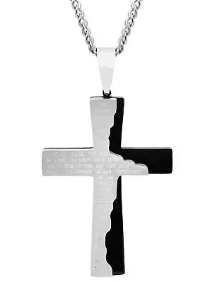 Mens Black Stainless Steel The Lord's Prayer Tablet Cross Pendant Necklace • $33.59