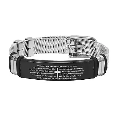 Mens Stainless Steel Black Cross Silver English Bible Lords Prayer Link Bracelet • $9.98