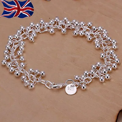 925 Sterling Silver Plated Ball Bracelet Chain Link Grape Bead 7.75  Gift UK • £4.29