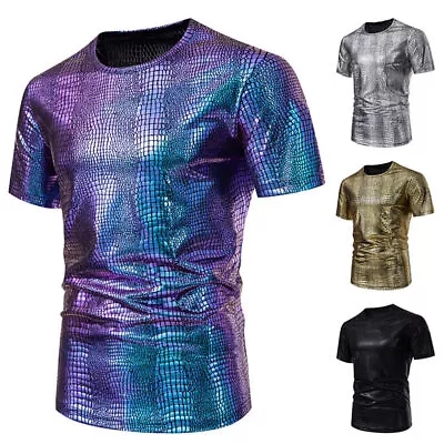 Mens Short Sleeve Sparkle Sequin T Shirt Classic Casual Slim Round Neck Clubwear • $22.08