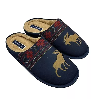 Club Room Mens Moose-Print Fleece Lined Slip-On Slippers Navy Blue S 6-7 • $17.97