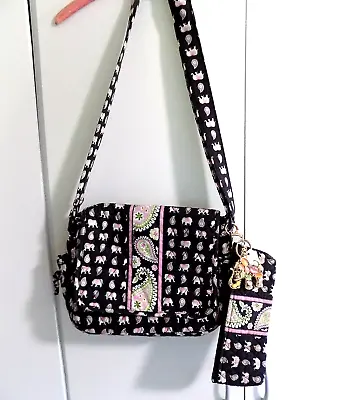 Vera Bradley Pink Elephants Design Shoulder & Make-Up Bag + Rhinestone Keychain • $27.99