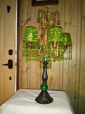 Vintage 5 Arm Candle Lamp Green Beaded Shade Prisms Needs Repair Cleaned TLC! • $78.88