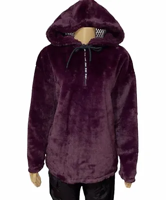 VICTORIAS SECRET PINK Faux Fur Campus Hoodie Cozy Jacket Half Zip Kir Burgundy  • $32