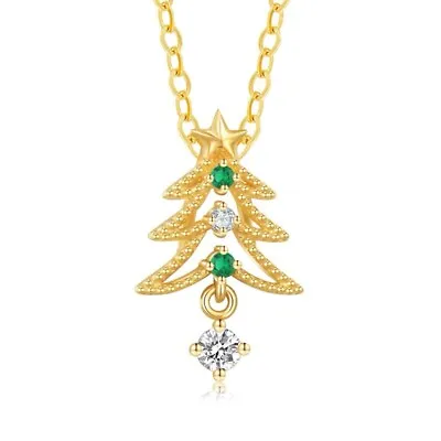 925 Sterling Silver Chain Xmas Tree Pendant Shape 14K Gold Plated Necklace Gifts • $14.99