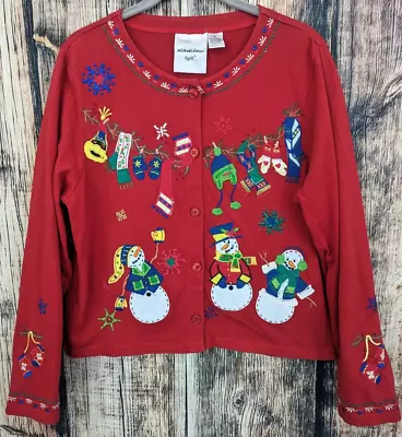 Michael Simon Light Holiday Cardigan Womens S Christmas Red Button Front Snowman • $34.99