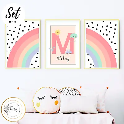 Rainbow Nursery Kids Bedroom Wall Art Print A4 Set Of 3 Personalised Girls • £11.09