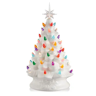 15  Pre-Lit Hand Painted White Ceramic Christmas Tree Tabletop Decor With Lights • $24.95