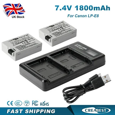 2x 1800mAh LPE8 Battery+LCD Charger For LP-E8 Canon EOS 550D 600D 700D Rebel T3i • £22.70