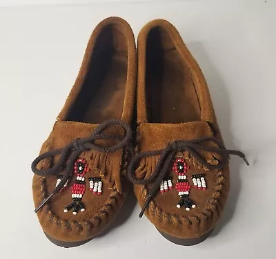 Womens MINNETONKA Brown Suede Leather Beaded Thunderbird MOCCASIN SZ 6 • $12.78