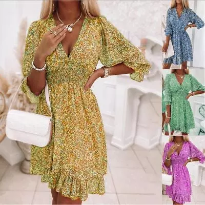 £13.99 • Buy Spring Beach Dress V Neck Floral Tank Womens Tropical Mini Ladies Sundress