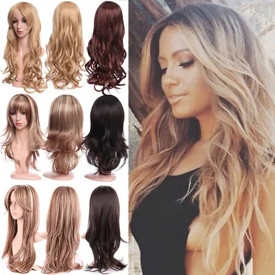 UK Long Curly Wavy Full Wig Natural Blonde Brown Black Mix Ombre Wigs Glueless Z • £19.40