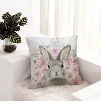 Grey Rabbit & Flower Pattern Cushion Cover Easter Spring Home Decor • £4.49