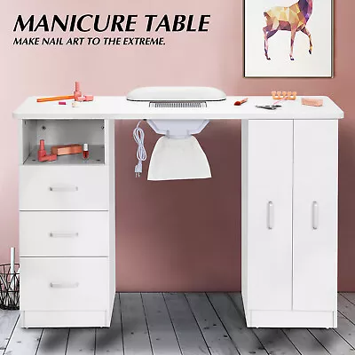 White Manicure Nail Table Salon Beauty W/Dust CollectorWrist PadDrawerCabinet • $299.90