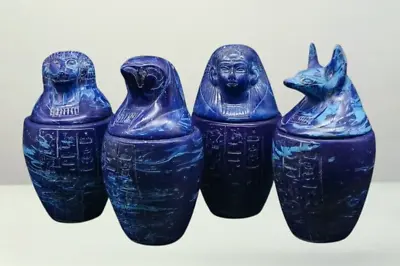 RARE ANCIENT EGYPTIAN ANTIQUES Set 4 Canopic Jars Sons Horus Of Malachite Stone • $129