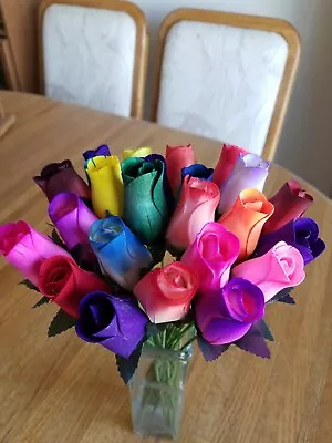 2 Dozen - 24 Mixed Color Bouquet Of Buds Flower Wooden Roses  - Free Shipping • $19.99