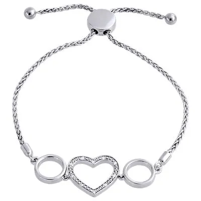 Genuine 1/20 CT. Diamond Heart Bolo Bracelet In Sterling Silver Wheat Chain 8  • $130