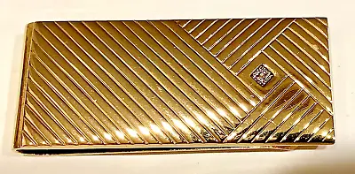 Vintage GOLD PLATE Money Clip W/ Genuine DIAMOND Chip Chevron Design • $22