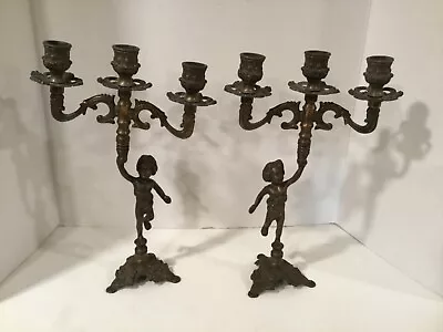 PAIR Antique Vtg Art Deco Nouveau Cherub 12” Brass Spelter  3 Armed Candelabras • $24.95