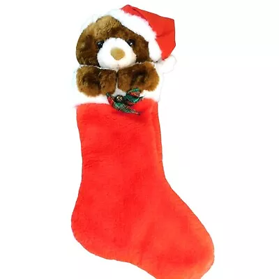 Vintage Teddy Bear Red Christmas Stocking Child Size 15 Inch Jingle Bell • $22