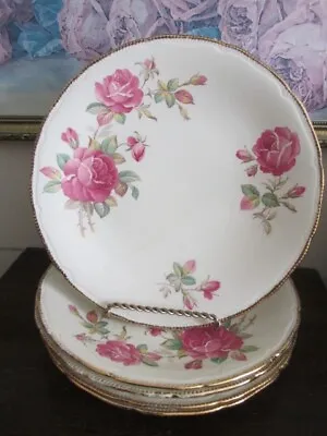 Antique England Porcelain Set Of 6 Dinner Plate Large Cabbage Roses Gold • $40