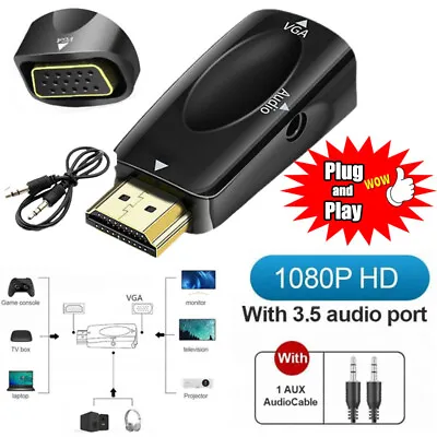 1080P HDMI To VGA Converter Adapter + 3.5 Mm Audio Video Jack Full HD PC Laptop • $7.99