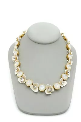 J Crew Crystal Brulee Necklace Gold Tone White Flower Enamel 18  • $53.99